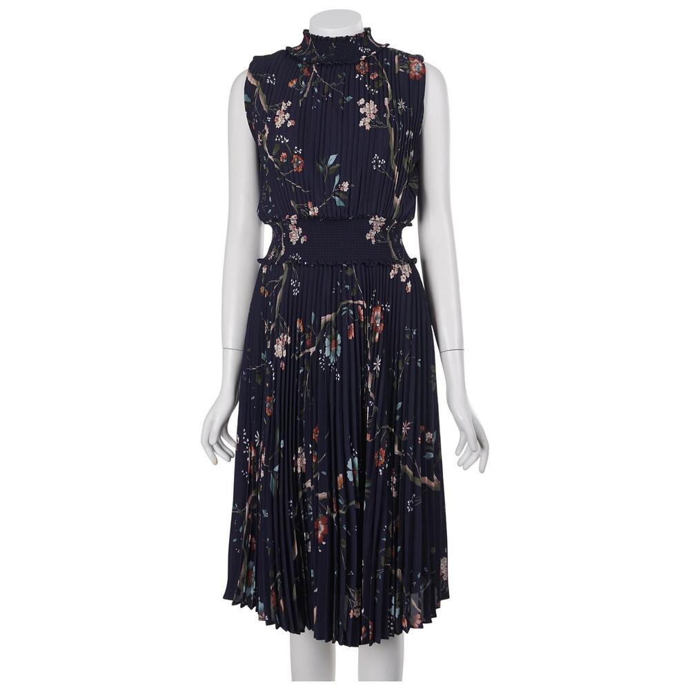 NANETTE LEPORE Dress Size 4 Navy Blue Floral Pleated Sleeveless Mock Neck
